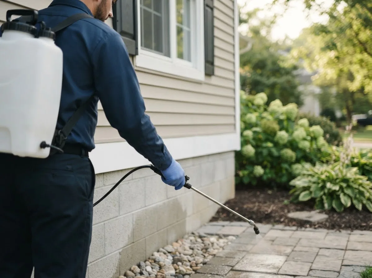 Pest control technician inspecting a home in Georgetown, OH